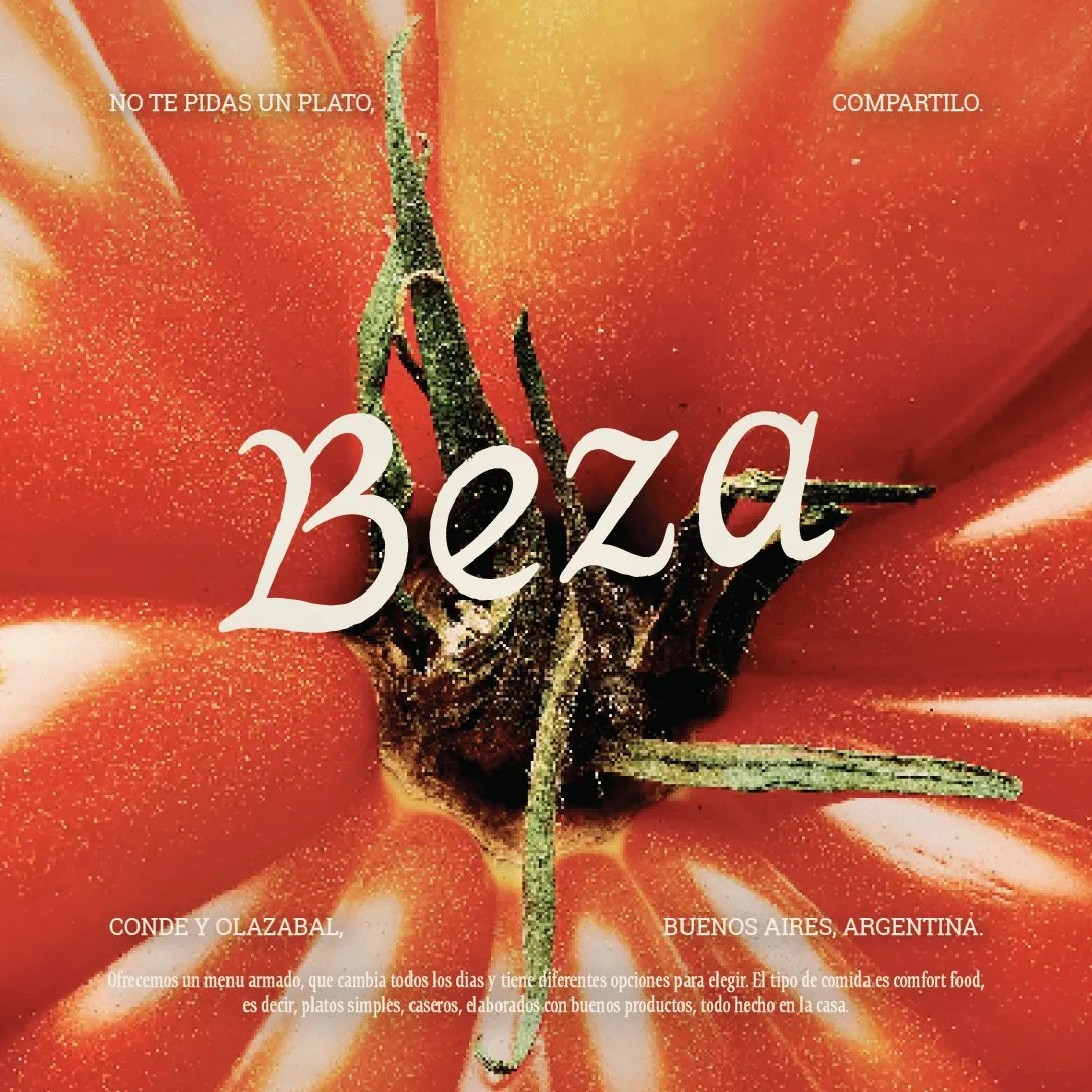 Beza poster with script logo over a close-up of a red tomato